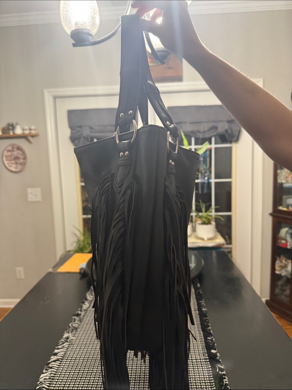 Fringed Black Tote/purse Bag with Double Handles - Picture 2 of 6